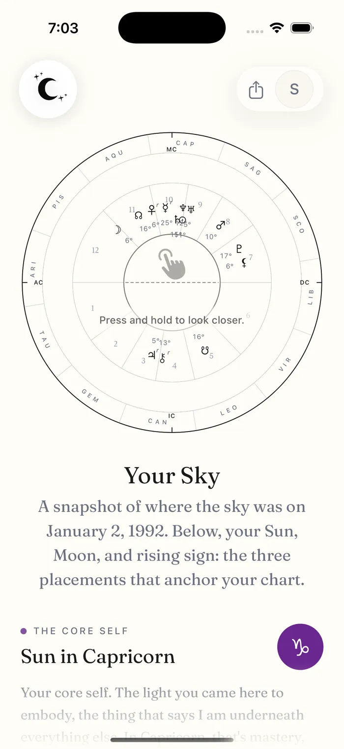 Your Sky birth chart screen in the Moon Wisdom Club iOS app